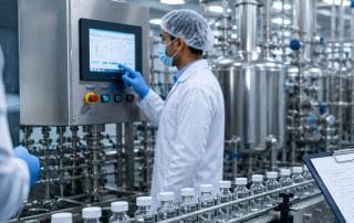 GMP-certified pharmaceutical plant team in cleanroom attire monitoring a filling line and documenting compliance checks