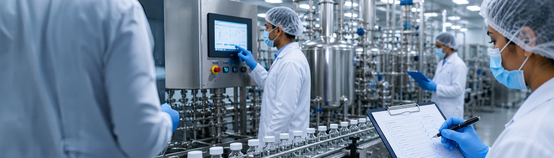 GMP-certified pharmaceutical plant team in cleanroom attire monitoring a filling line and documenting compliance checks